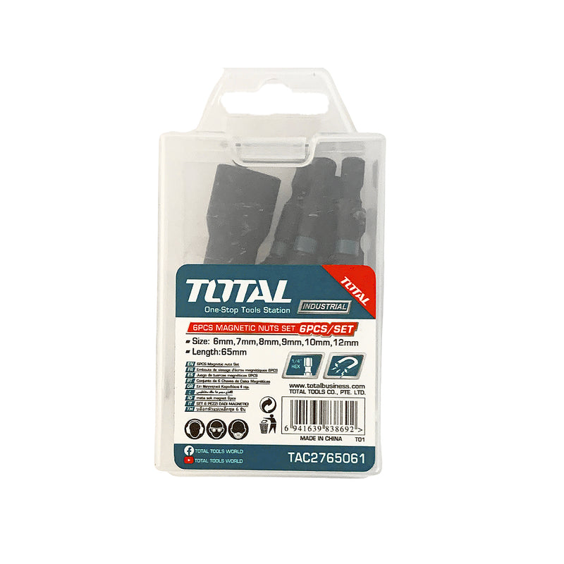 Bộ 6 Mũi gắn vít bắn tôn (tole) bằng thép đen, đuôi lục giác, có từ tính (nam châm) kết hợp (6m + 7mm + 8mm + 9mm + 10mm + 12mm) TOTAL TAC2765061