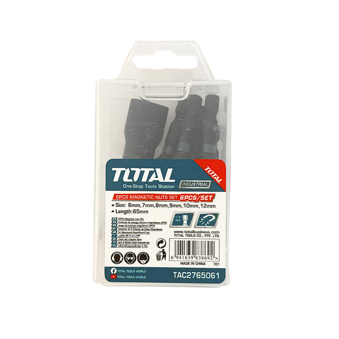 Bộ 6 Mũi gắn vít bắn tôn (tole) bằng thép đen, đuôi lục giác, có từ tính (nam châm) kết hợp (6m + 7mm + 8mm + 9mm + 10mm + 12mm) TOTAL TAC2765061
