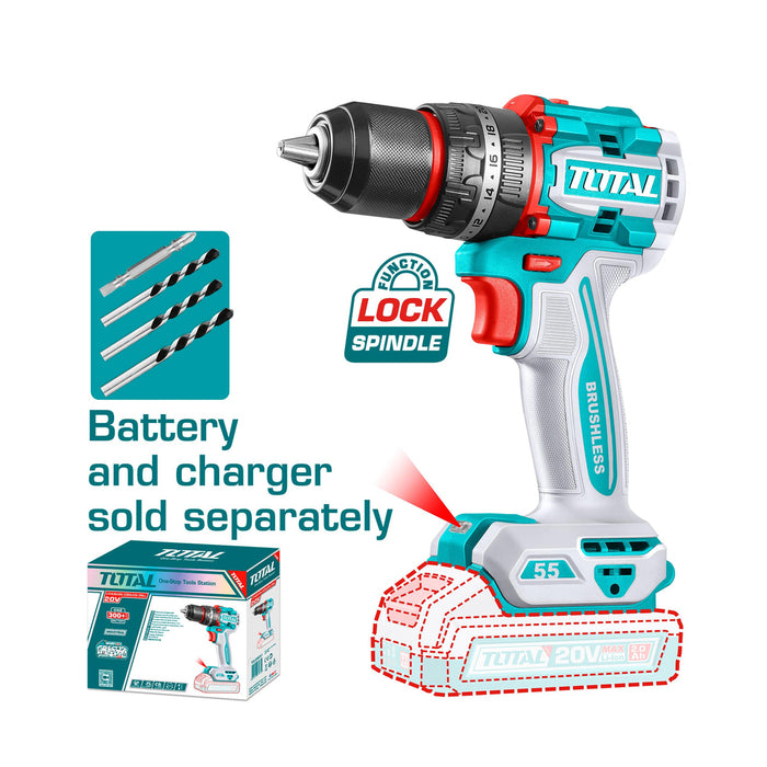 Máy khoan búa không chổi than dùng Pin 20V, đầu kẹp 13mm Total