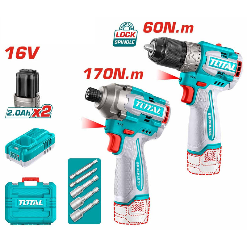 Bộ combo máy khoan và máy siết vít không chổi than dùng pin 16V Total TOSLI240968
