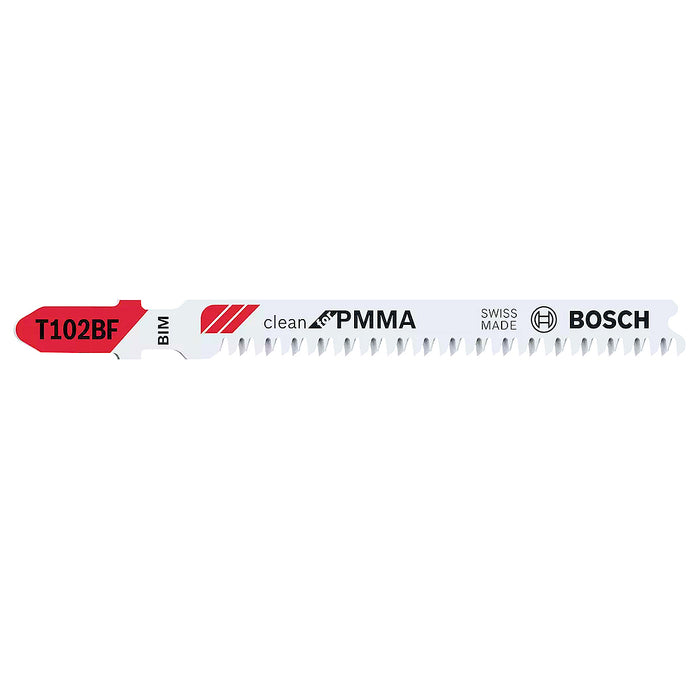 Vỉ 5 lưỡi cưa lọng cắt nhựa PMMA (nhựa dẻo trong suốt) Bosch T102BF vật liệu BIM, dài 68mm, mép cắt đẹp và sạch (mã số 6208636781)