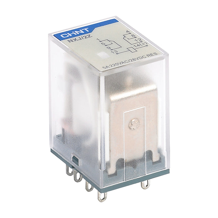 Rờ le kiếng chân dẹp Chint NXJ series. kiểu ghim vào chân đế. Có đèn báo tín hiệu. Tiêu chuẩn CE