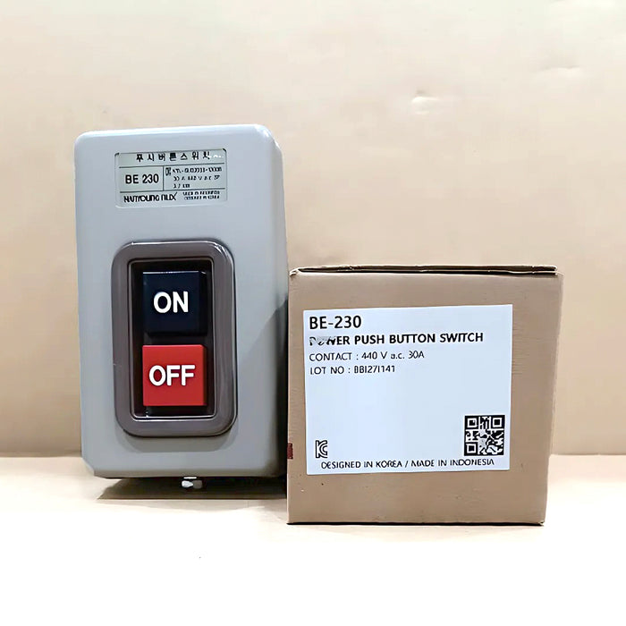 Hộp công tắc nhấn ON-OFF Hanyoung Nux BE-230, tải 30A vỏ thép sơn tĩnh điện