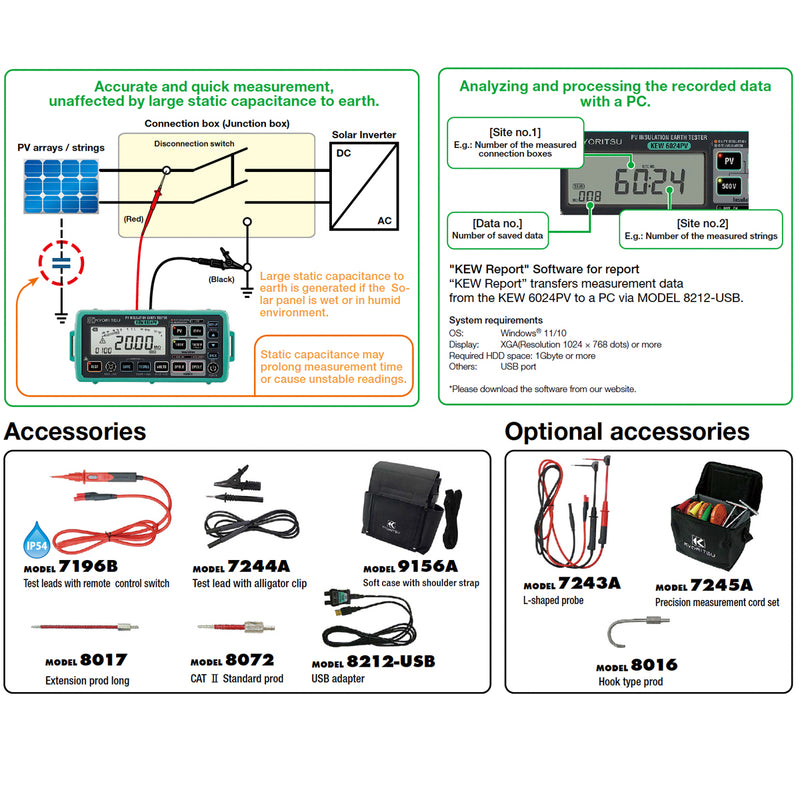 Thiết bị đo hệ thống năng lượng mặt trời PV Kyoritsu Kew 6024PV True RMS, có cổng USB