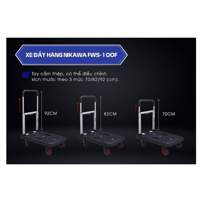 Xe đẩy hàng Nikawa FWS-100F, tải trọng 100kg, kích thước mặt sàn 680mm x 410mm, tay cầm có thể điều chỉnh