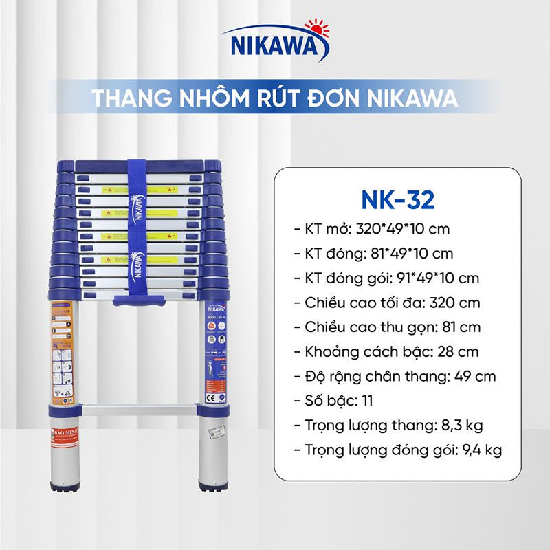 Thang nhôm rút đơn Nikawa NK, chiều cao tối đa từ 3.2m ~ 5.8m, số bậc thang từ 11 bậc ~ 15 bậc