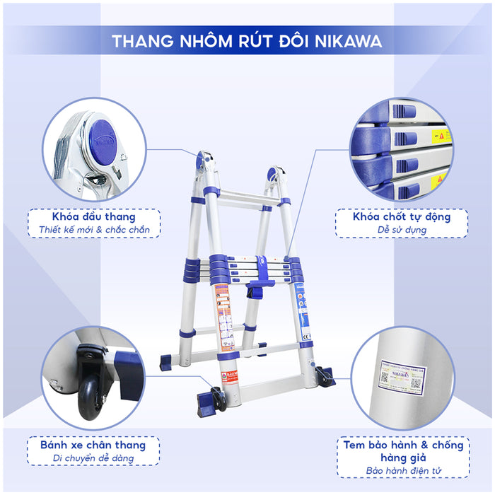 Thang nhôm rút đôi chữ A Nikawa NK AI, chiều cao tối đa chữ A từ 1.85m ~ 2.76m