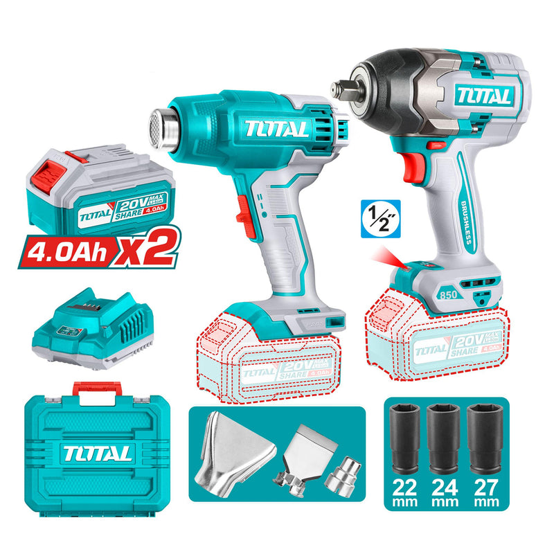 Bộ combo máy siết bu lông và máy thổi nhiệt Total TOSLI240489 dùng Pin 20V