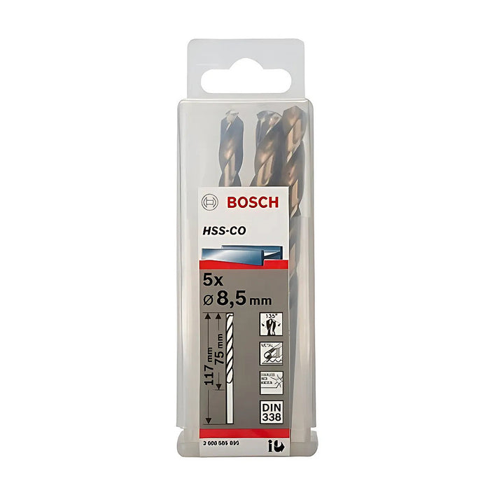 Hộp 5 mũi khoan Inox HSS-Co Bosch đường kính mũi từ 8mm - 13mm, đuôi trơn (Tiêu chuẩn DIN 338)