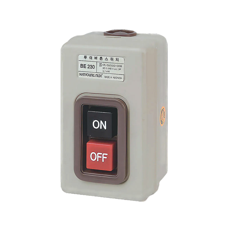 Hộp công tắc nhấn ON-OFF Hanyoung Nux BE-230, tải 30A vỏ thép sơn tĩnh điện