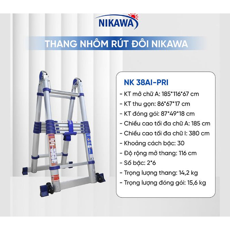 Thang nhôm rút đôi chữ A Nikawa NK AI, chiều cao tối đa chữ A từ 1.85m ~ 2.76m