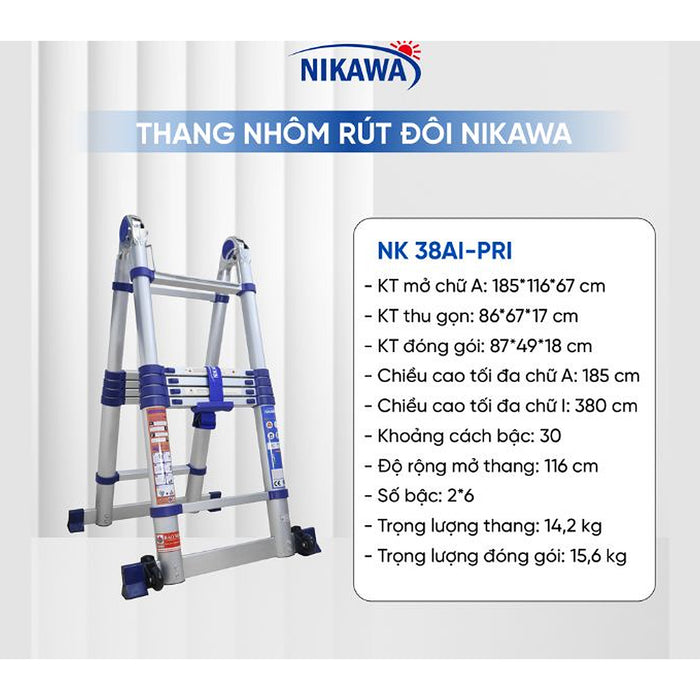 Thang nhôm rút đôi chữ A Nikawa NK AI, chiều cao tối đa chữ A từ 1.85m ~ 2.76m