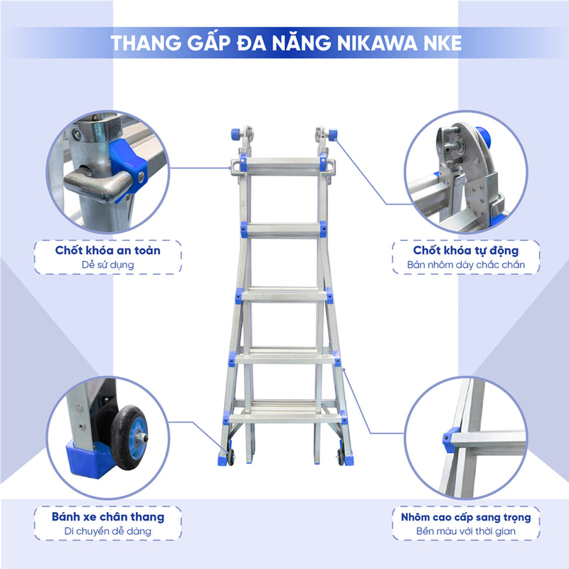 Thang nhôm gấp đa năng (rút lồng) Nikawa, độ dày nhôm chịu lực 2.4mm