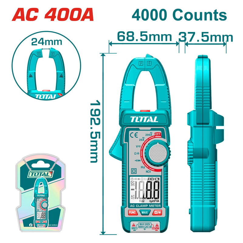 Ampe kìm đo dòng AC kỹ thuật số Total TMT762001 True RMS, dải đo 4A - 400A