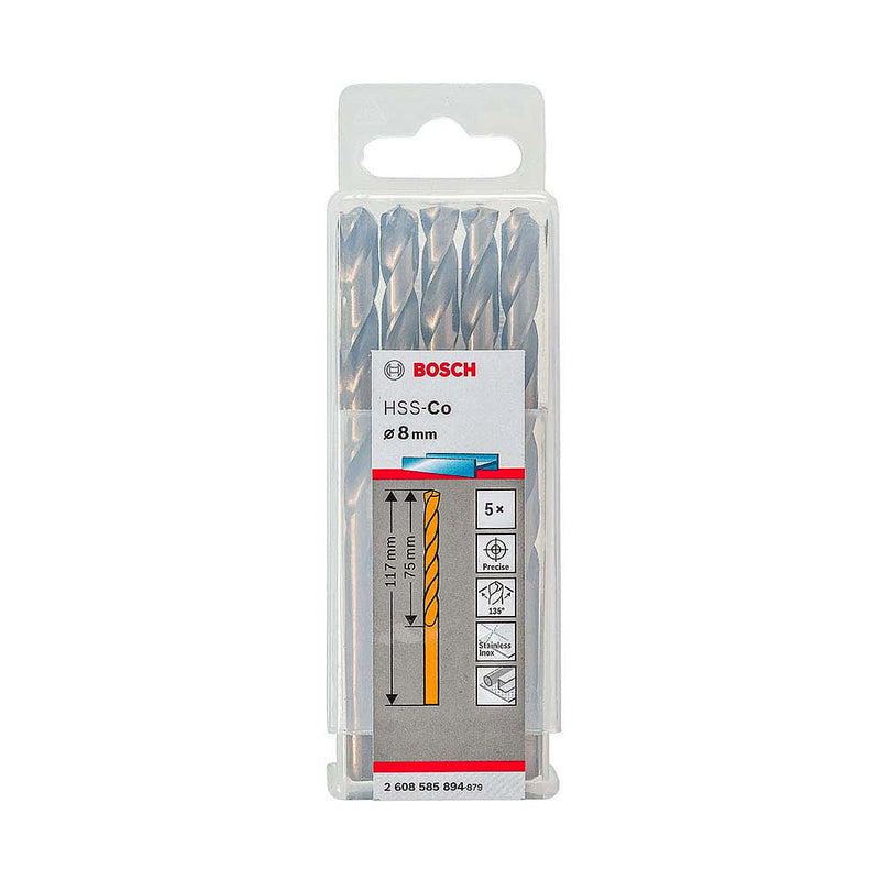 Hộp 5 mũi khoan Inox HSS-Co Bosch đường kính mũi từ 8mm - 13mm, đuôi trơn (Tiêu chuẩn DIN 338)