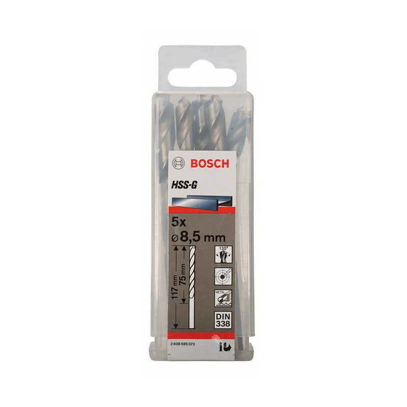 Hộp 5 mũi khoan sắt HSS-G Bosch đường kính mũi từ 8mm - 13mm, đuôi trơn (Tiêu chuẩn DIN 338)