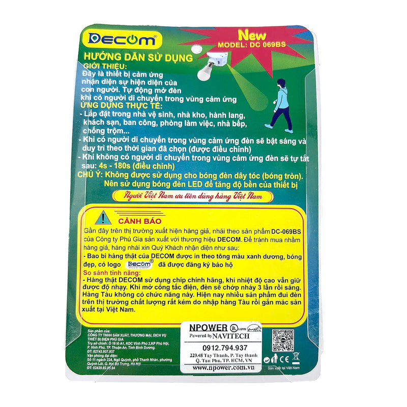 Đui đèn cảm ứng hồng ngoại có 2 nút chỉnh Decom DC-069B-S