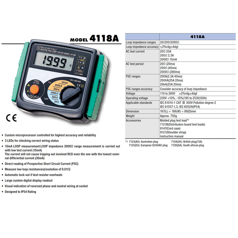 Thiết bị đo trở kháng mạch vòng kỹ thuật số Kyoritsu Model 4118A dải đo từ 20Ω - 2000Ω, chống bụi và chống thấm nước đạt IP54