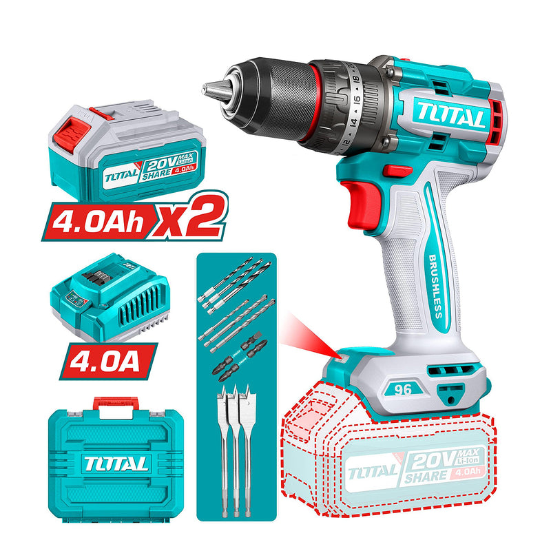 Máy khoan búa không chổi than dùng Pin 20V, đầu kẹp 13mm Total