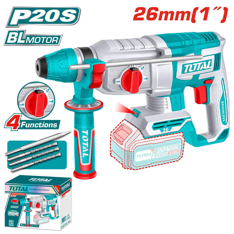 Máy khoan bê tông không chổi than dùng pin 20V Total TRHLI20268 đuôi kẹp SDS Plus (Chưa bao gồm Pin + sạc)