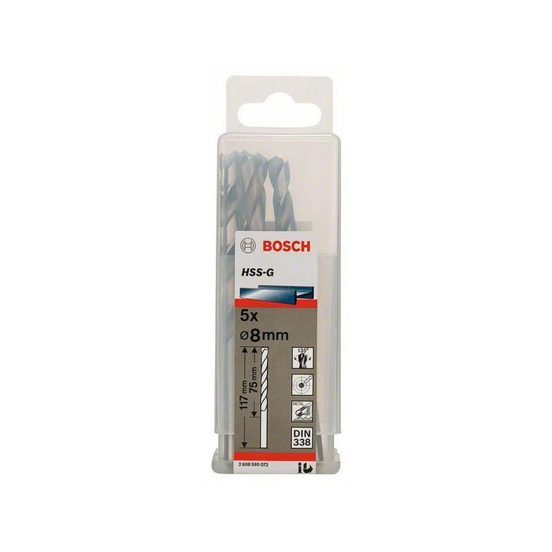 Hộp 5 mũi khoan sắt HSS-G Bosch đường kính mũi từ 8mm - 13mm, đuôi trơn (Tiêu chuẩn DIN 338)