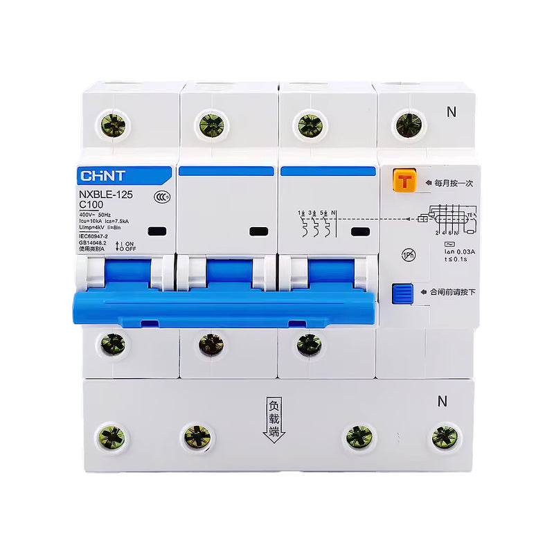 Cầu dao chống giật kết hợp với bảo vệ quá tải, ngắn mạch Chint NXBLE-125 series, tải định mức từ 63A ~ 125A, dòng cắt 10kA, dòng rò từ 30mA ~ 300mA 