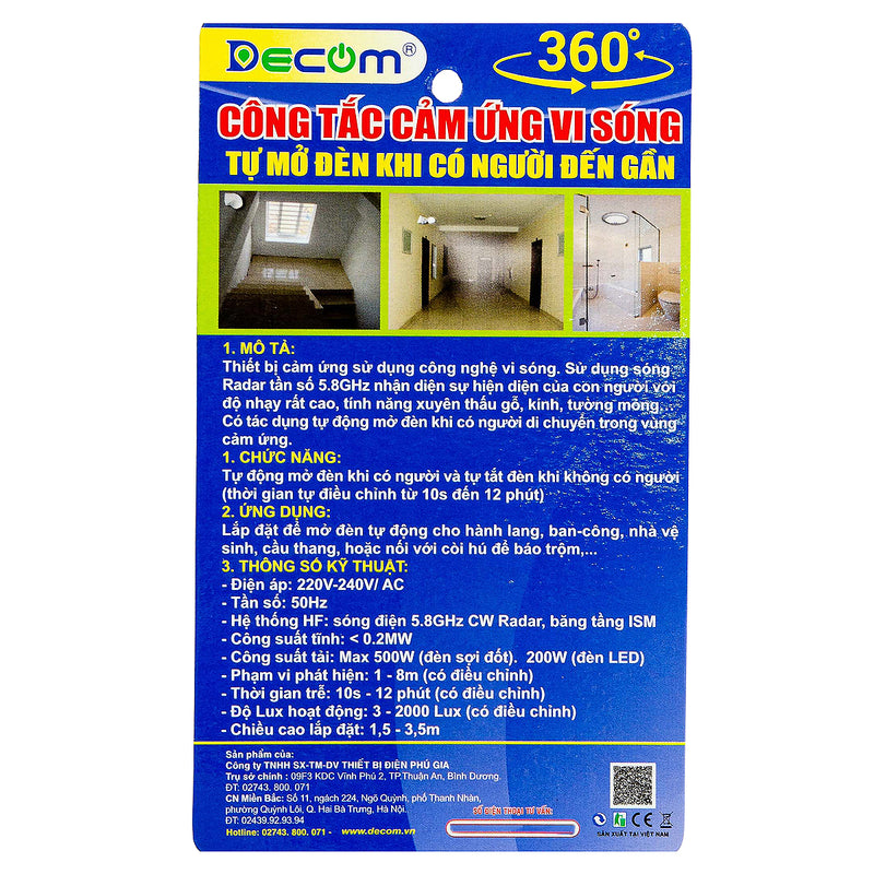 Công tắc cảm ứng vi sóng Decom DC-701H, kích thước 40mm x 60mm (loại tốt)