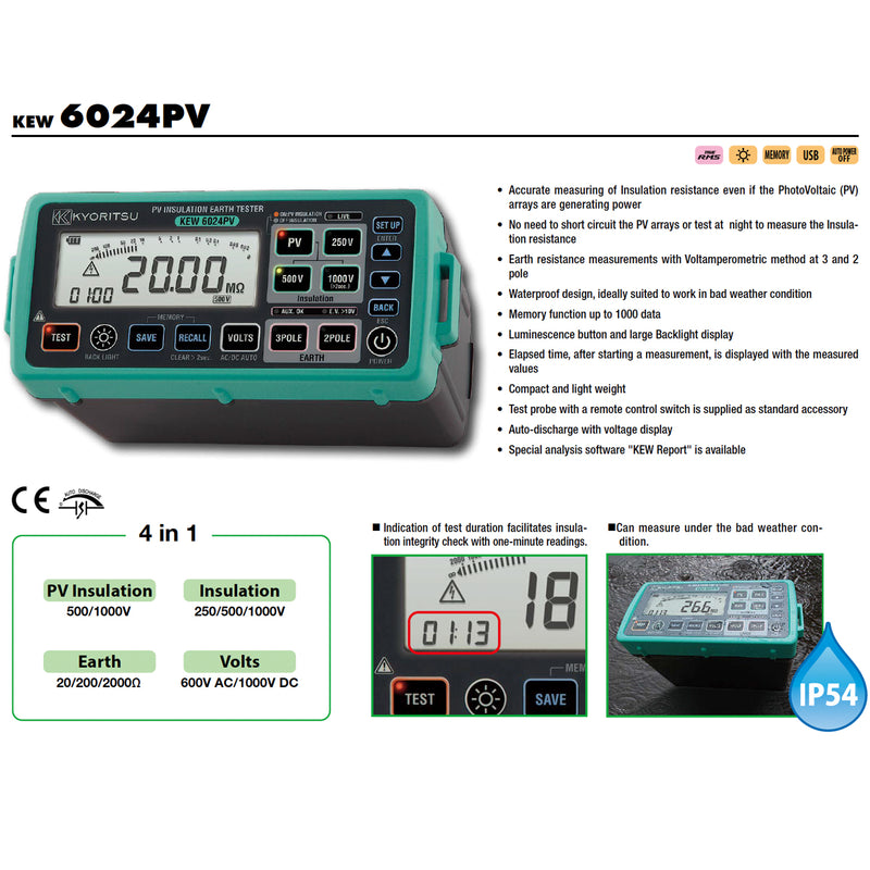 Thiết bị đo hệ thống năng lượng mặt trời PV Kyoritsu Kew 6024PV True RMS, có cổng USB