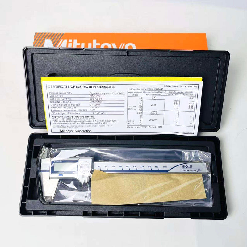 Thước kẹp điện tử Mitutoyo Absolute Coolant Proof 500 Series 0-150mm model 500-702-20, với giấy chứng nhận kiểm định chất lượng, được đóng gói cẩn thận trong hộp bảo vệ.