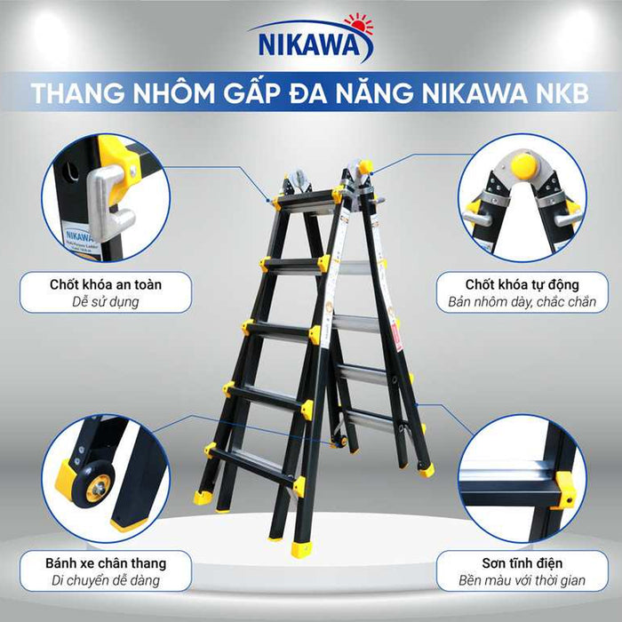 Thang nhôm gấp đa năng chữ A (rút lồng) Nikawa NKB, độ dày nhôm chịu lực 2.8mm