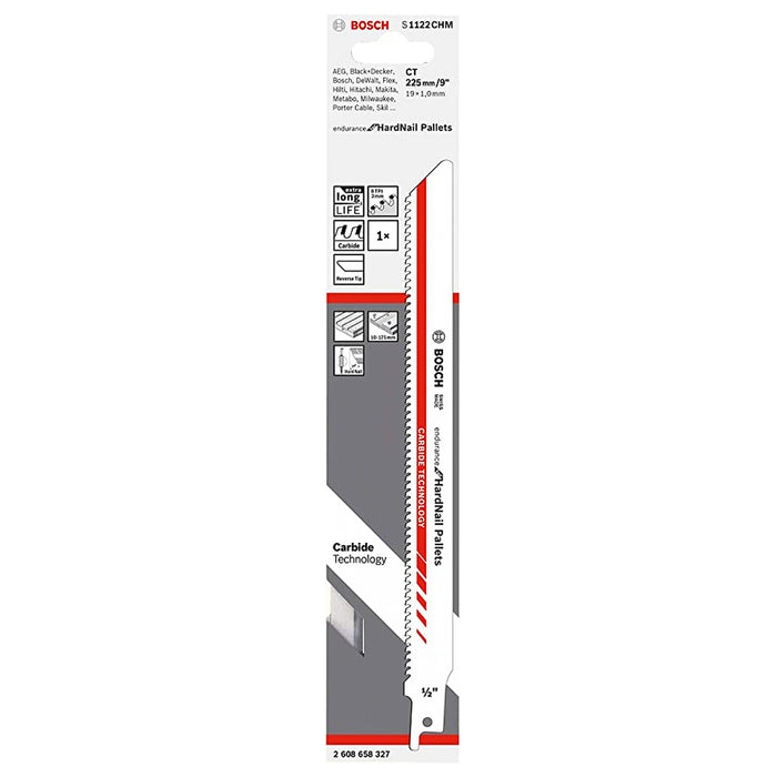 Lưỡi cưa kiếm Bosch S1122CHM dùng cho gỗ pallet, số răng 8 TPI, chiều dài 225mm, mã số 2608658327 (Endurance for Hard Nail Pallets)