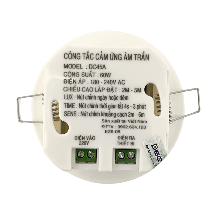 Công tắc cảm ứng hồng ngoại âm trần Decom có nút Time - Lux và xoay được