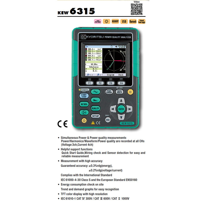 Thiết bị phân tích chất lượng điện năng Kyoritsu Model 6315-00 có kết nối Bluetooth và cổng USB