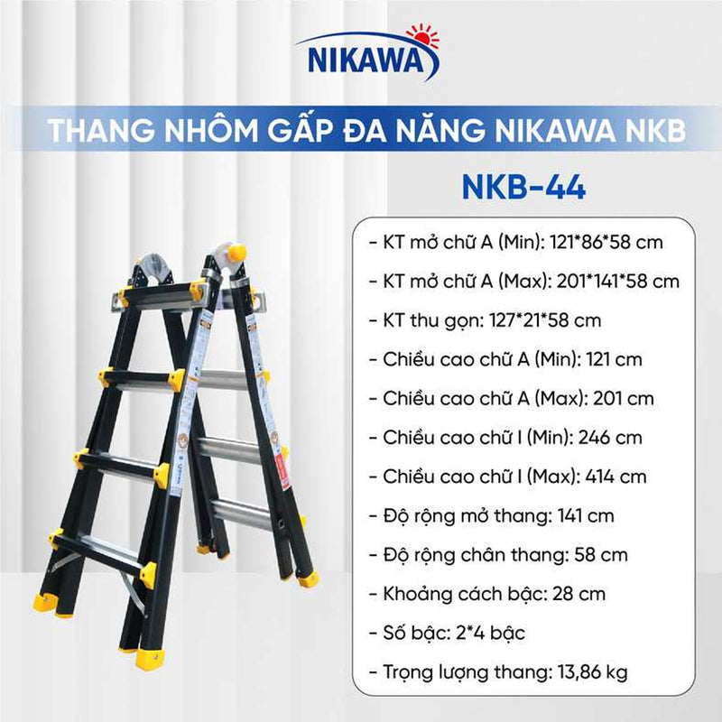 Thang nhôm gấp đa năng chữ A (rút lồng) Nikawa NKB, độ dày nhôm chịu lực 2.8mm