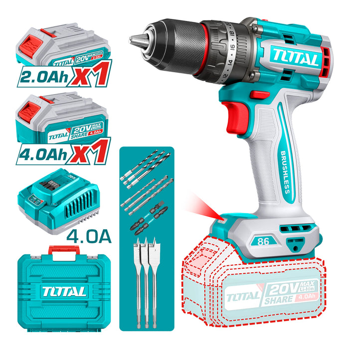 Máy khoan búa không chổi than dùng Pin 20V, đầu kẹp 13mm Total TIDLI20868