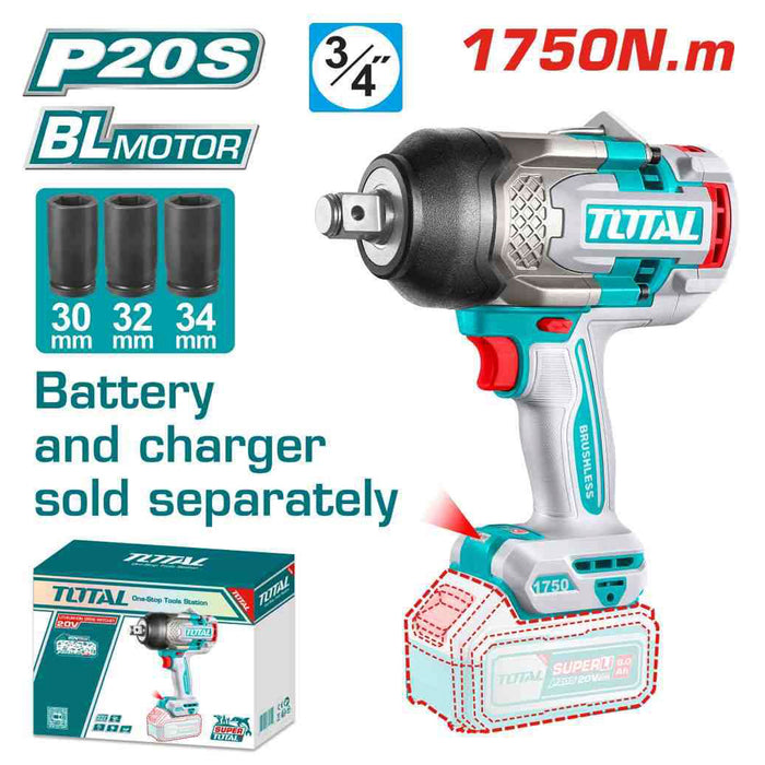 Máy siết bu lông cốt 3/4 inch không chổi than dùng pin 20V Total TIWLI201751 (Chưa bao gồm Pin + sạc)