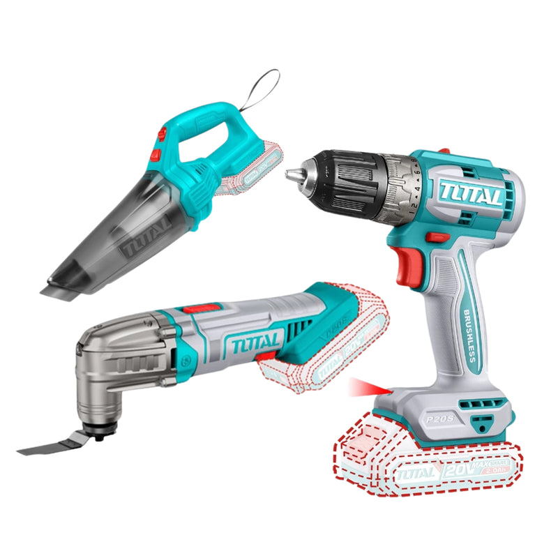 Bộ combo máy cắt rung đa năng, máy khoan không chổi than và máy hút bụi Total TOSLI240685 dùng Pin 20V