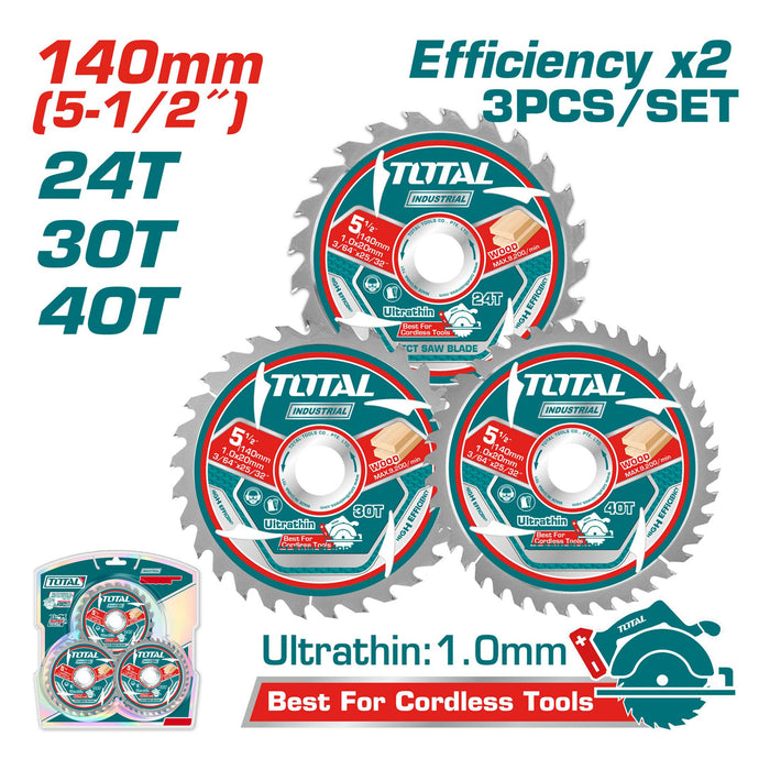 Vỉ 3 lưỡi cưa gỗ TCT siêu mỏng Total TAC236140 đường kính 140mm