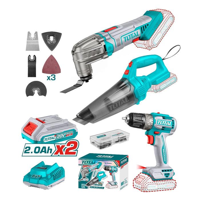Bộ combo máy cắt rung đa năng, máy khoan không chổi than và máy hút bụi Total TOSLI240685 dùng Pin 20V