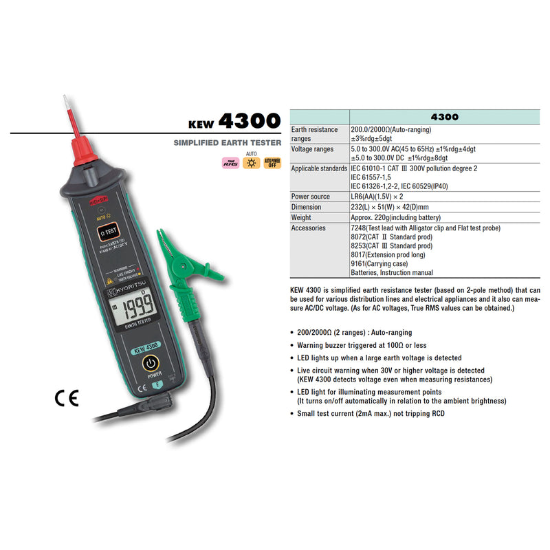 Thiết bị đo điện trở tiếp địa kỹ thuật số Kyoritsu Kew 4300 dạng bút, True RMS