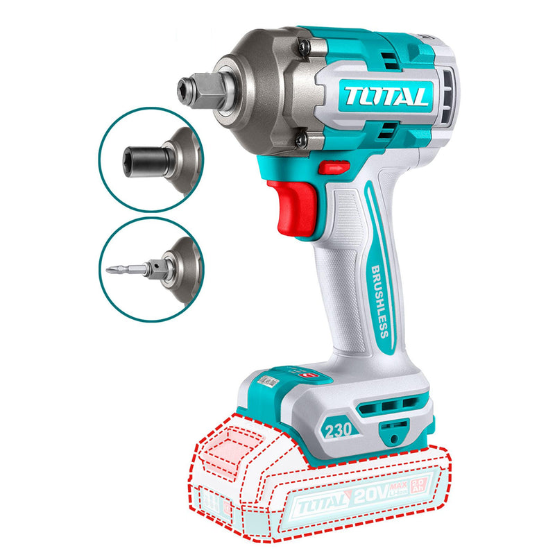 Máy siết bu lông cốt 1/2 inch, vặn vít 2 trong 1 không chổi than dùng pin 20V Total TIWLI20236