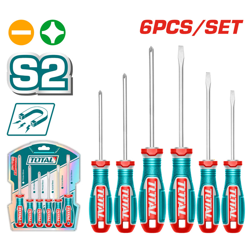 Vỉ 6 tua vít dẹp và bake Total TKSDS0626 có từ tính, chất liệu thép S2