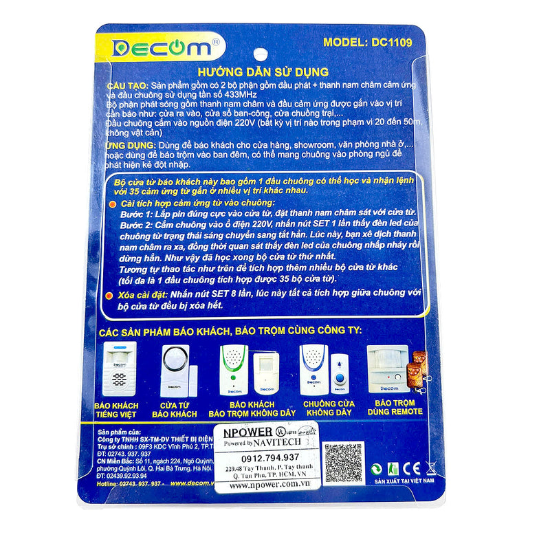 Cửa từ báo khách không dây thông minh Decom DC-1109 Smart, tích hợp 16 kiểu chuông và 4 cửa từ