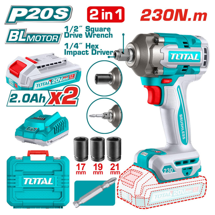 Máy siết bu lông cốt 1/2 inch, vặn vít 2 trong 1 không chổi than dùng pin 20V Total TIWLI20236