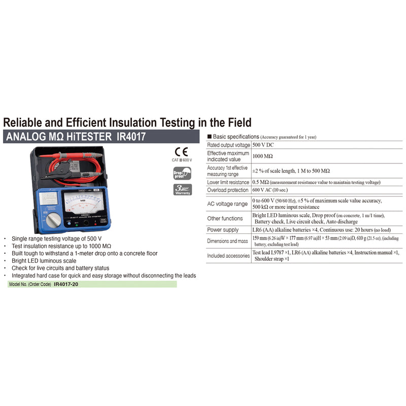 Đồng hồ kim kiểm tra điện trở cách điện DC 500V Hioki IR4017-20