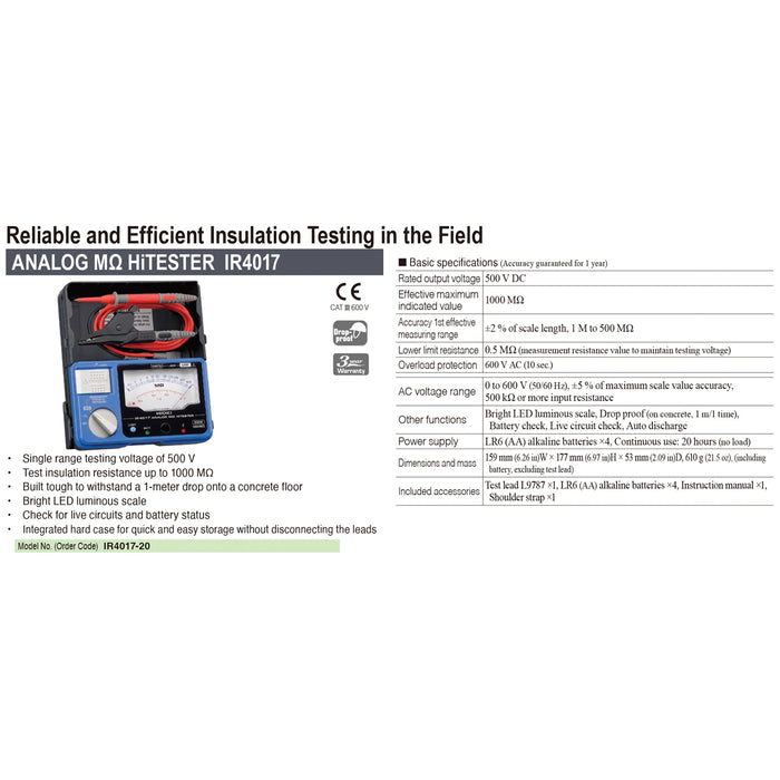 Đồng hồ kim kiểm tra điện trở cách điện DC 500V Hioki IR4017-20