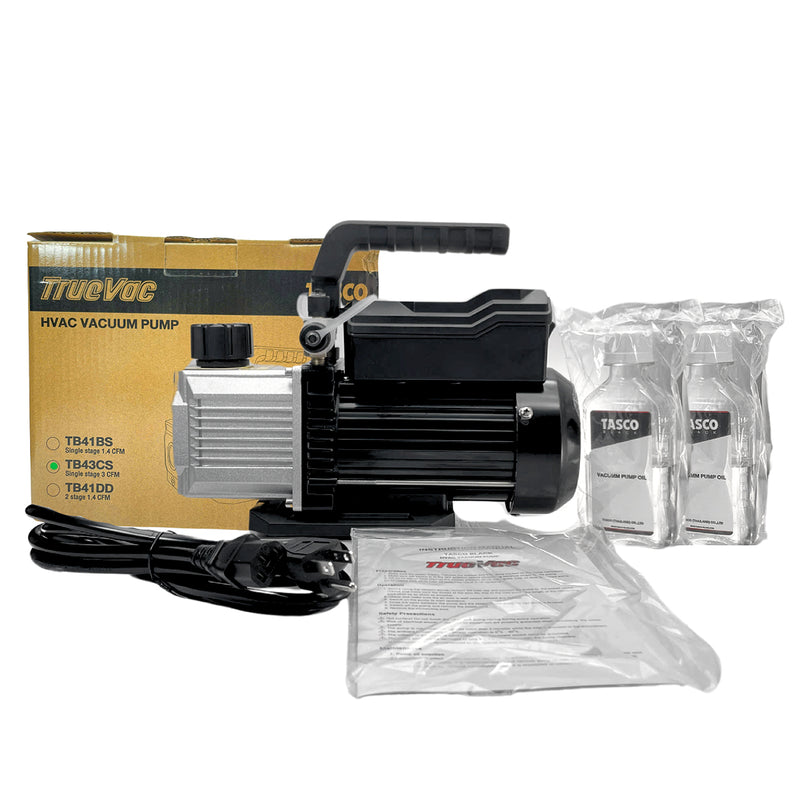 Máy bơm hút chân không một cấp TB43CS tốc độ hút 83 L/phút, mức chân không tối đa 150 micron, có cổng 1/4 inch và 5/16 inch