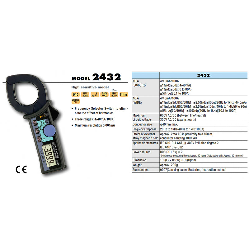 Ampe kìm đo dòng rò Kyoritsu Model 2432 độ nhạy cao, dải đo từ 4A - 100A