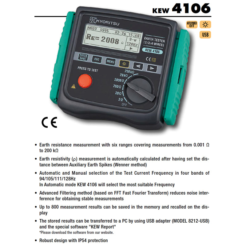Thiết bị đo điện trở tiếp địa Kyoritsu Kew 4106 dải đo từ 2Ω - 200kΩ, có cổng USB