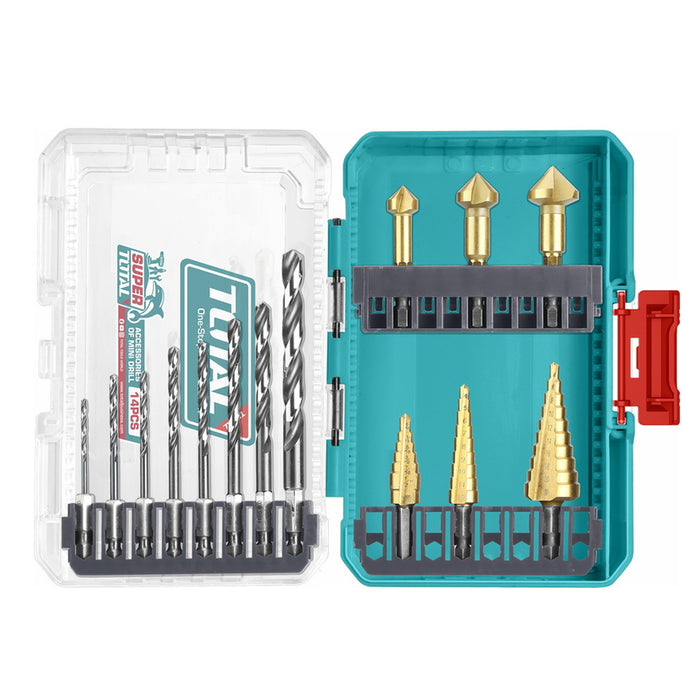 Bộ 14 mũi khoan HSS và mũi khoan bậc thang Total TACSDL61401 chuôi lục giác